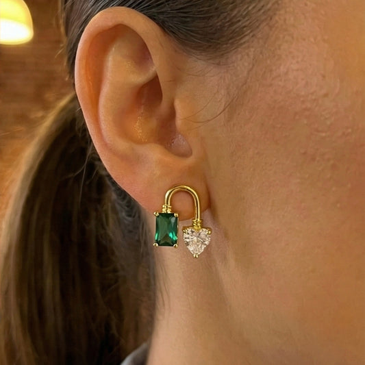 Heart Lock & Emerald Stud Earrings - Gemstone Love