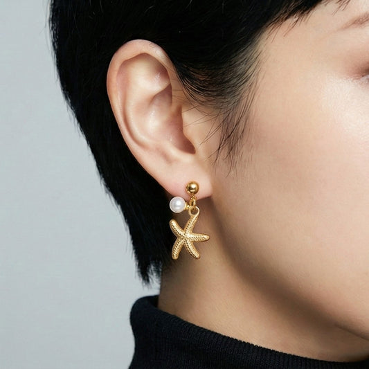 Starfish & Pearl Drop Gold Studs - Coastal Chic