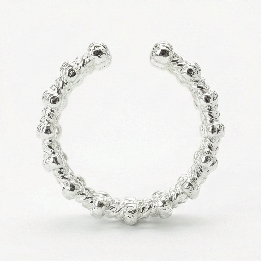 Woven Rope Cuff Adjustable Ring - Silver Statement