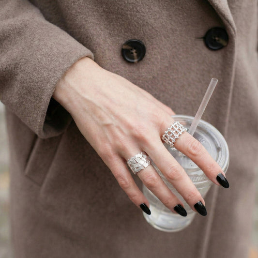 Woven Rope Cuff Adjustable Ring - Silver Statement