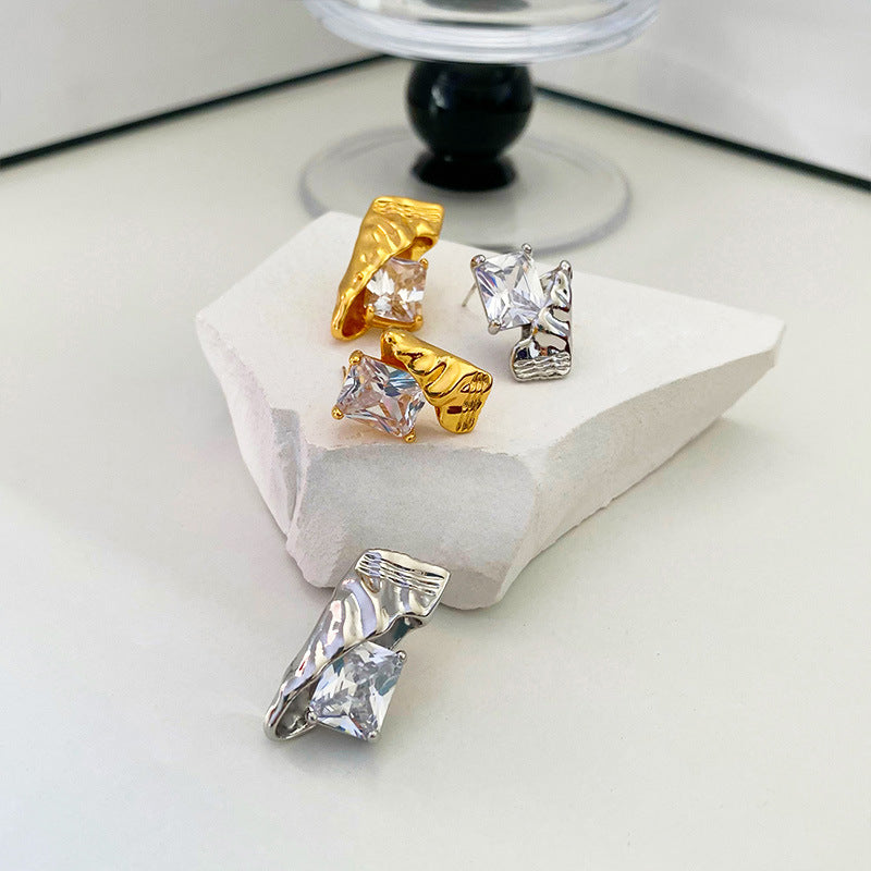 Asymmetrical Liquid Ribbon & Radiant CZ Solitaire Stud Earrings