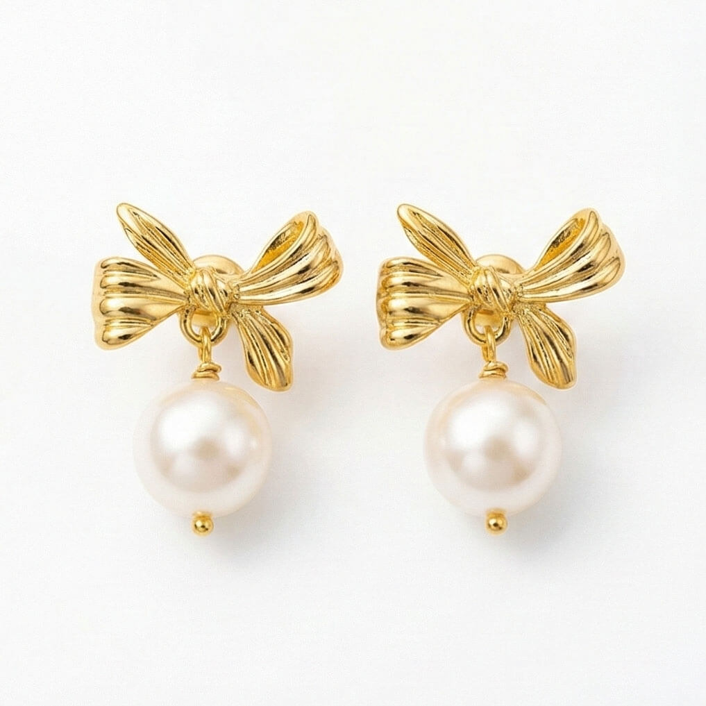 Golden Bow Pearl Drop Earrings