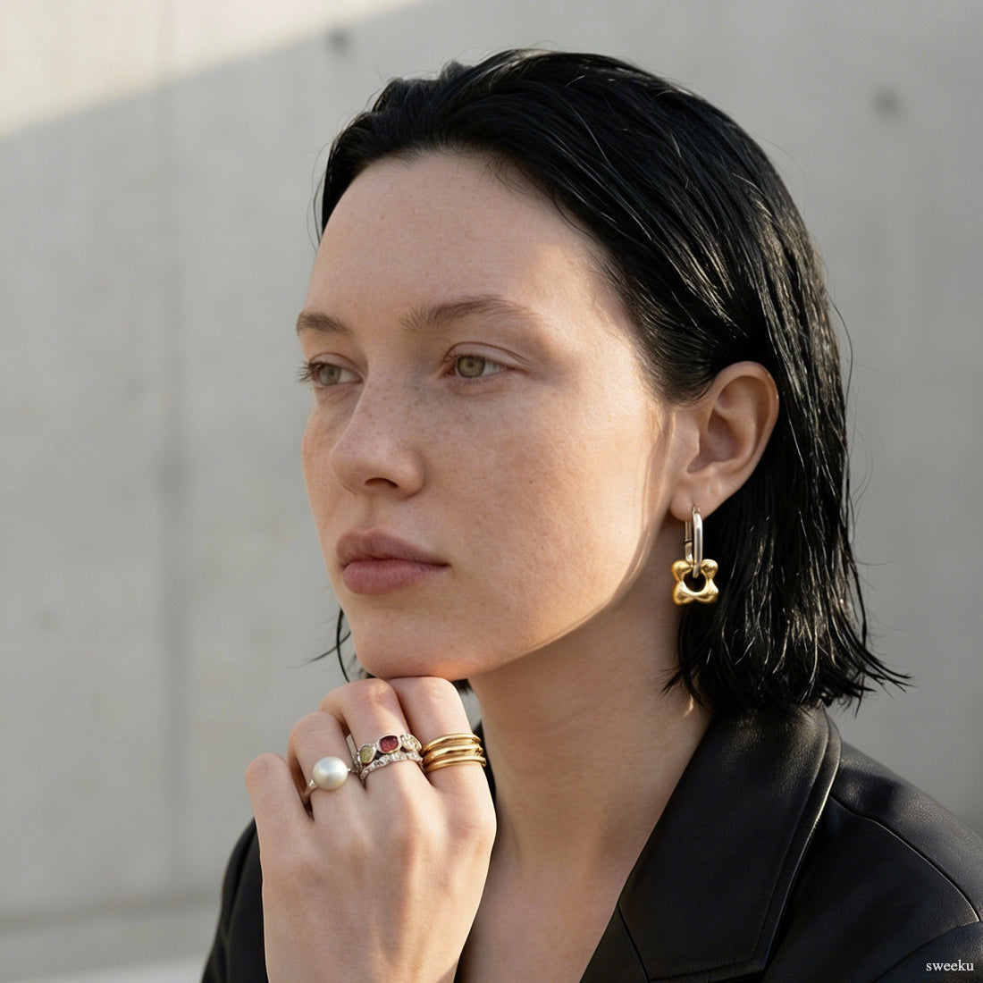 Mixed Metal Flower Dangle Huggie Hoops