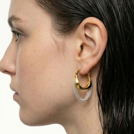 Mixed Metal Fluid Hoop Earrings with Draped Silver Chains