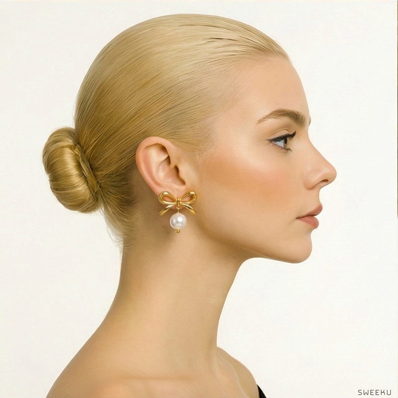 Charming Bow & Pearl Drop Gold Studs