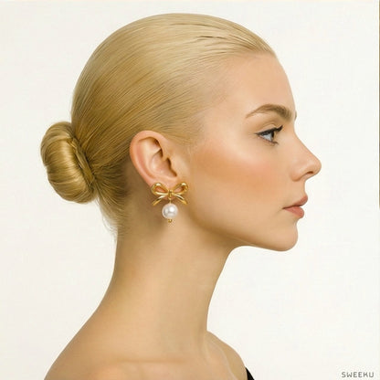 Charming Bow & Pearl Drop Gold Studs