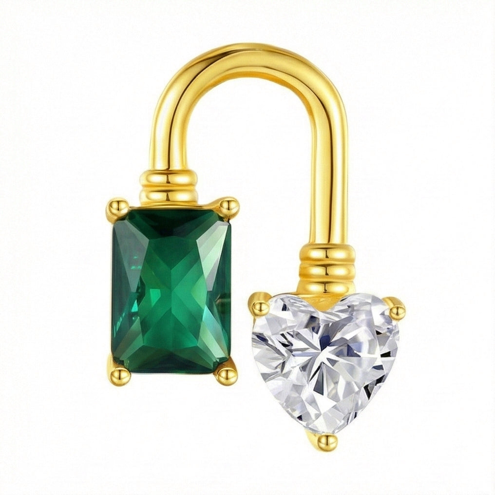 Heart Lock & Emerald Stud Earrings - Gemstone Love