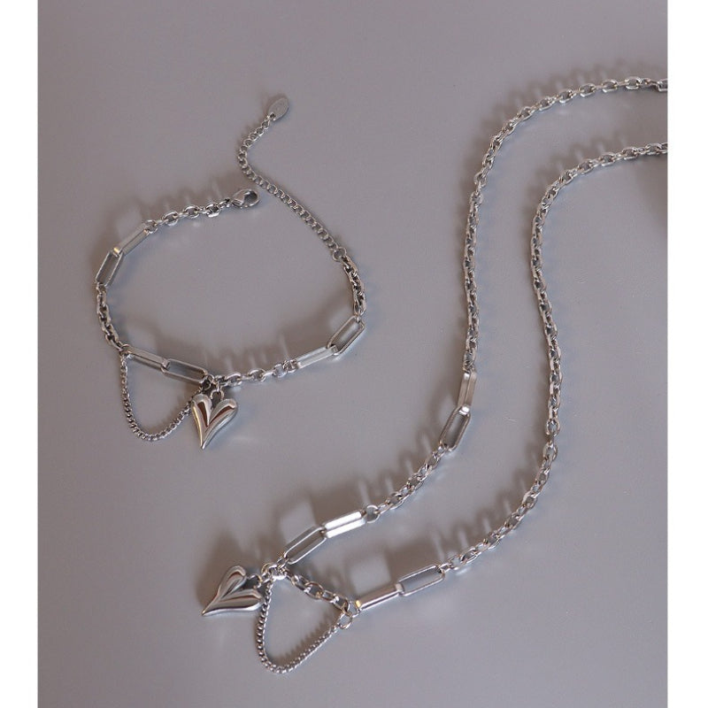 Puffy Heart Mixed Chain Necklace & Bracelet Set