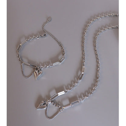 Puffy Heart Mixed Chain Necklace & Bracelet Set