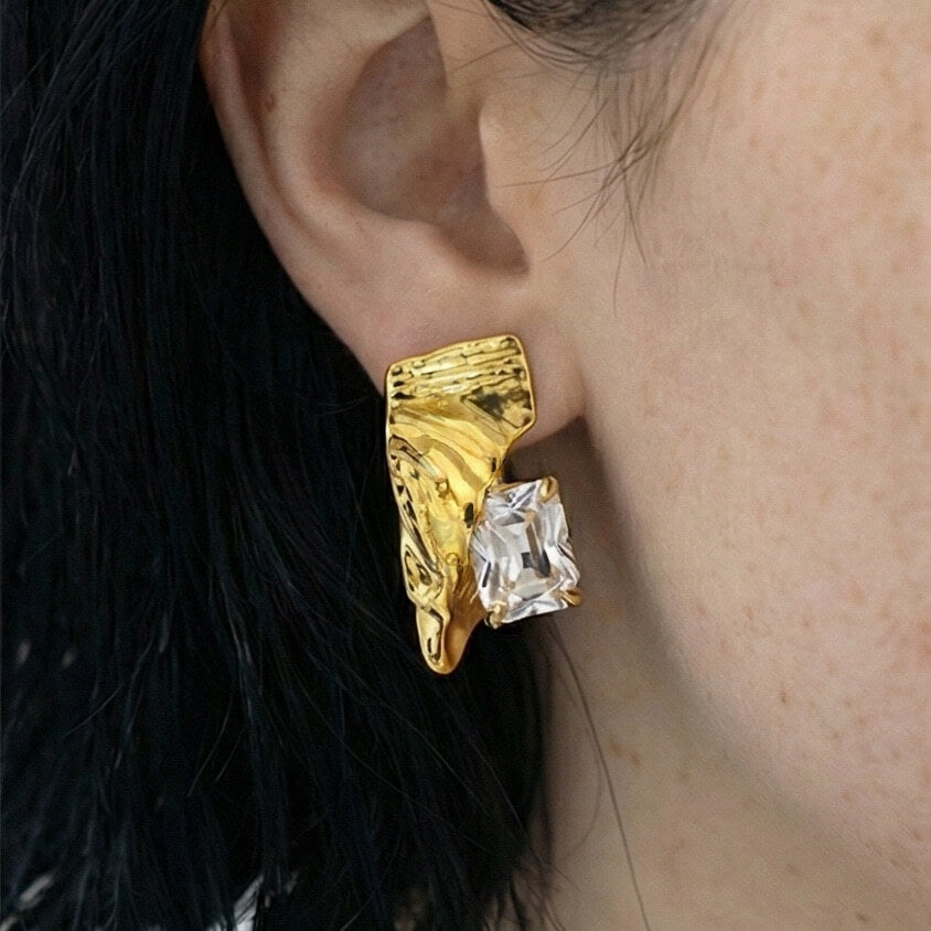 Asymmetrical Liquid Ribbon & Radiant CZ Solitaire Stud Earrings