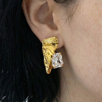 Asymmetrical Liquid Ribbon & Radiant CZ Solitaire Stud Earrings