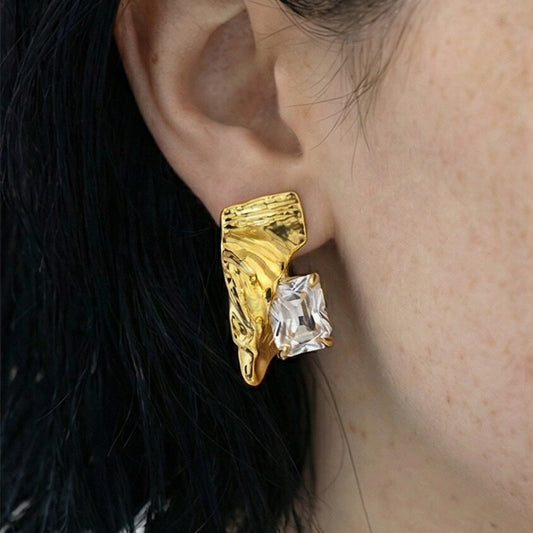 Asymmetrical Liquid Ribbon & Radiant CZ Solitaire Stud Earrings