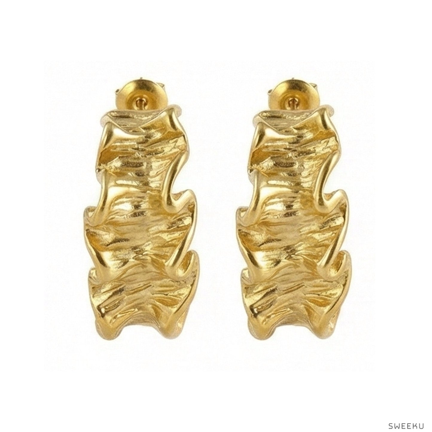 Organic Ruffle Gold Hoops - Sculptural Statement