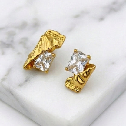 Asymmetrical Liquid Ribbon & Radiant CZ Solitaire Stud Earrings