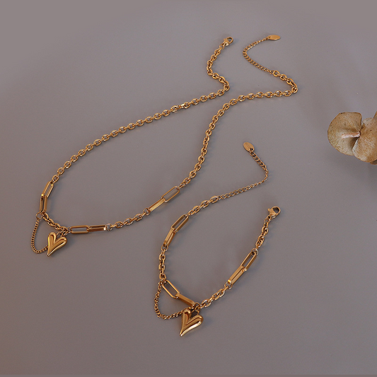 Puffy Heart Mixed Chain Necklace & Bracelet Set