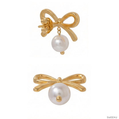 Charming Bow & Pearl Drop Gold Studs