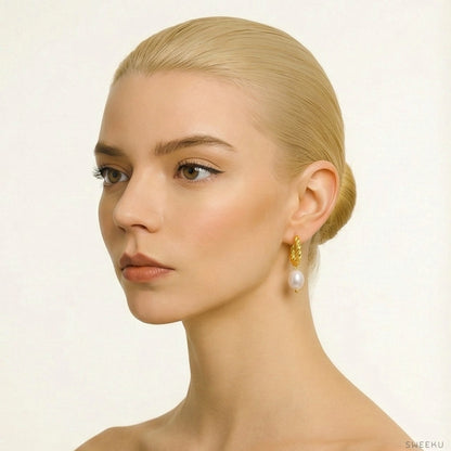 Twisted Rope Gold Pearl Drop Hoops