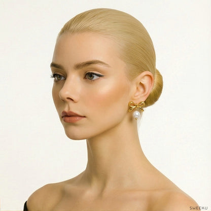 Charming Bow & Pearl Drop Gold Studs