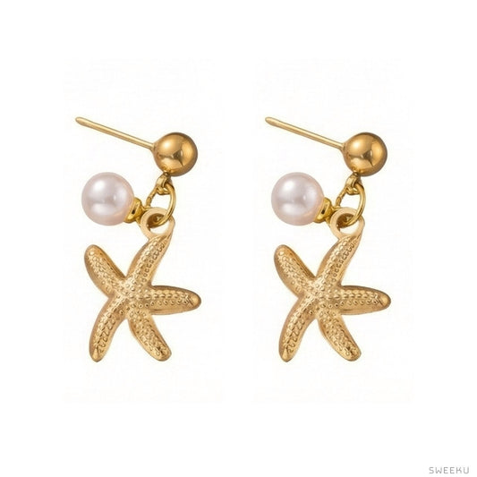 Starfish & Pearl Drop Gold Studs - Coastal Chic