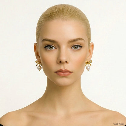 Charming Bow & Pearl Drop Gold Studs