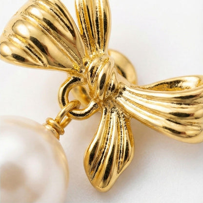 Golden Bow Pearl Drop Earrings