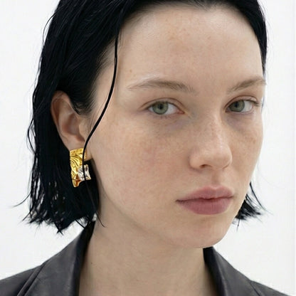 Asymmetrical Liquid Ribbon & Radiant CZ Solitaire Stud Earrings