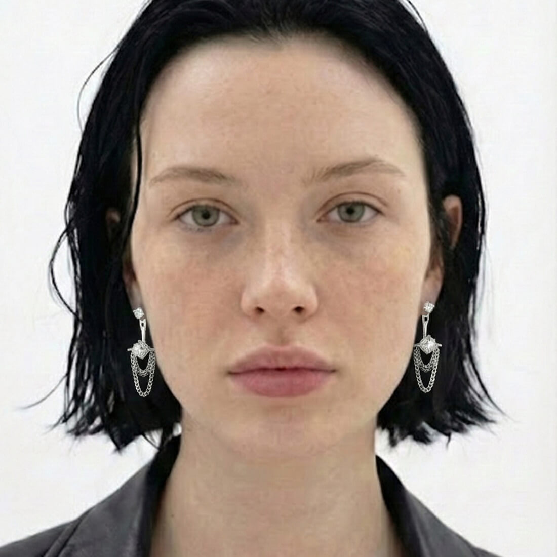 Silver Tassel Chain CZ Ear Jacket Stud Earrings