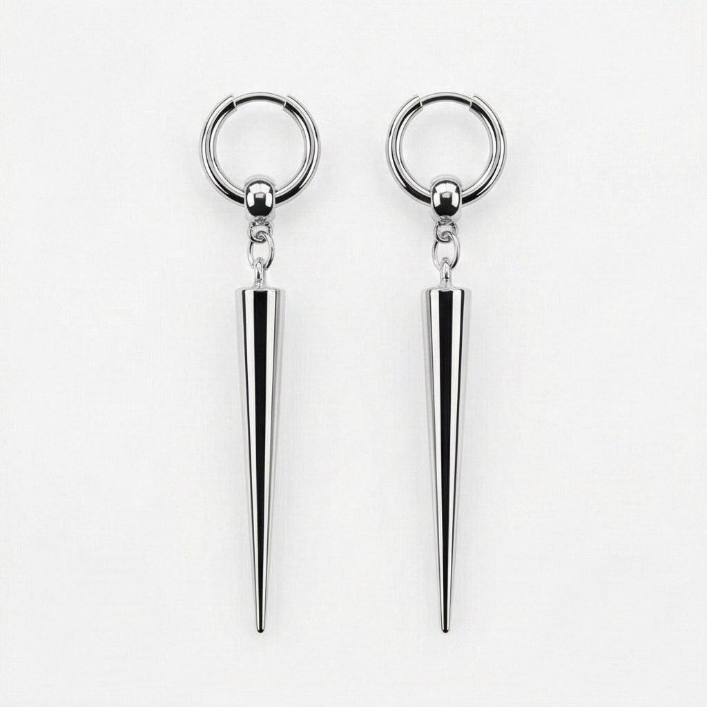 Industrial Spike Dangle Silver Hoops