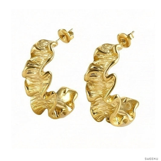 Organic Ruffle Gold Hoops - Sculptural Statement