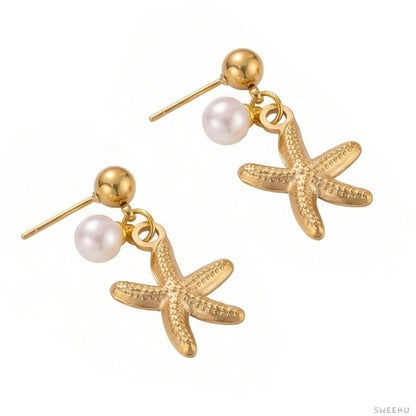 Starfish & Pearl Drop Gold Studs - Coastal Chic