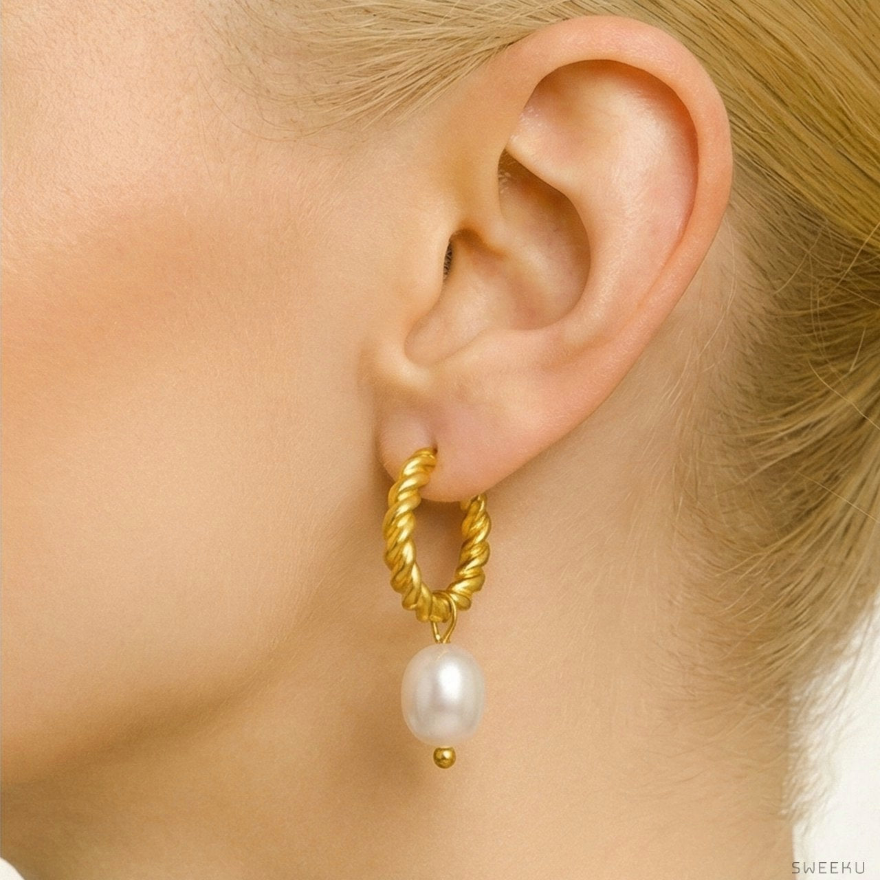Twisted Rope Gold Pearl Drop Hoops