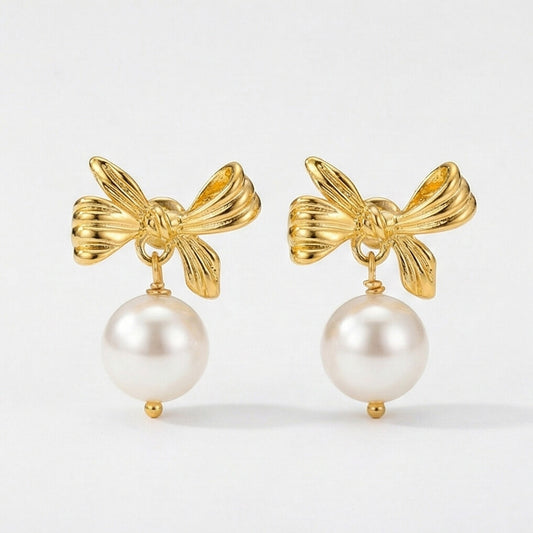 Golden Bow Pearl Drop Earrings