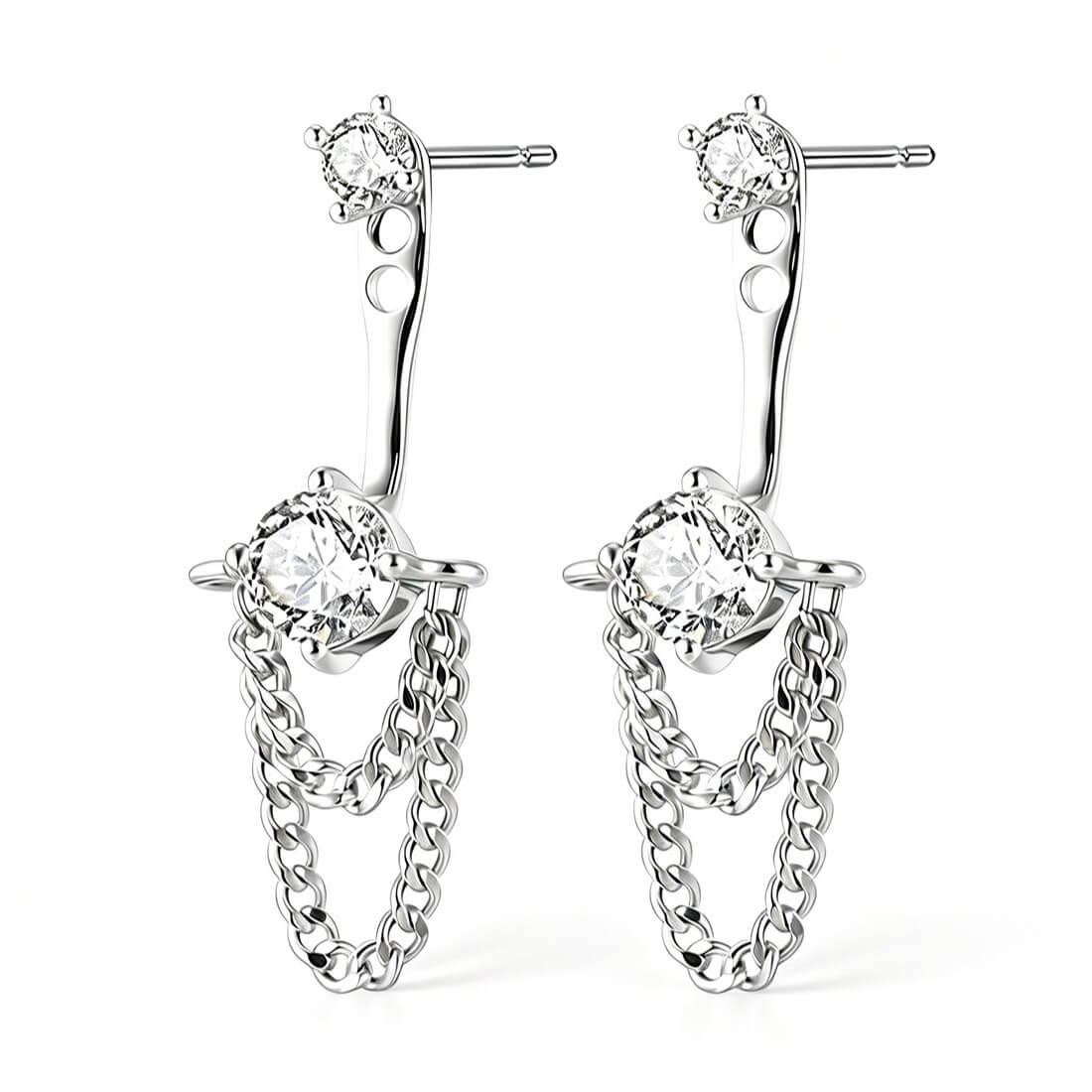 Silver Tassel Chain CZ Ear Jacket Stud Earrings