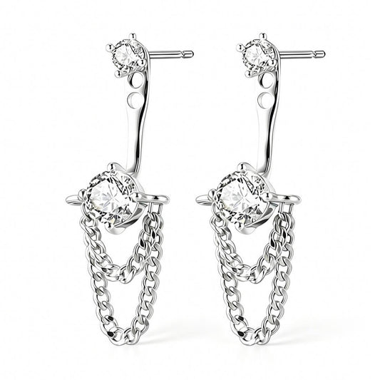 Silver Tassel Chain CZ Ear Jacket Stud Earrings