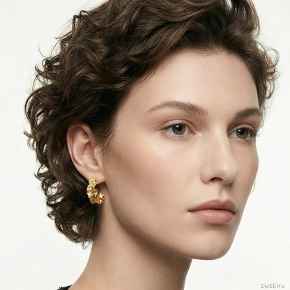 Organic Ruffle Gold Hoops - Sculptural Statement