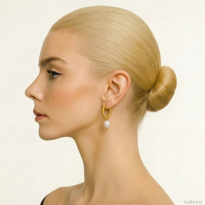 Twisted Rope Gold Pearl Drop Hoops