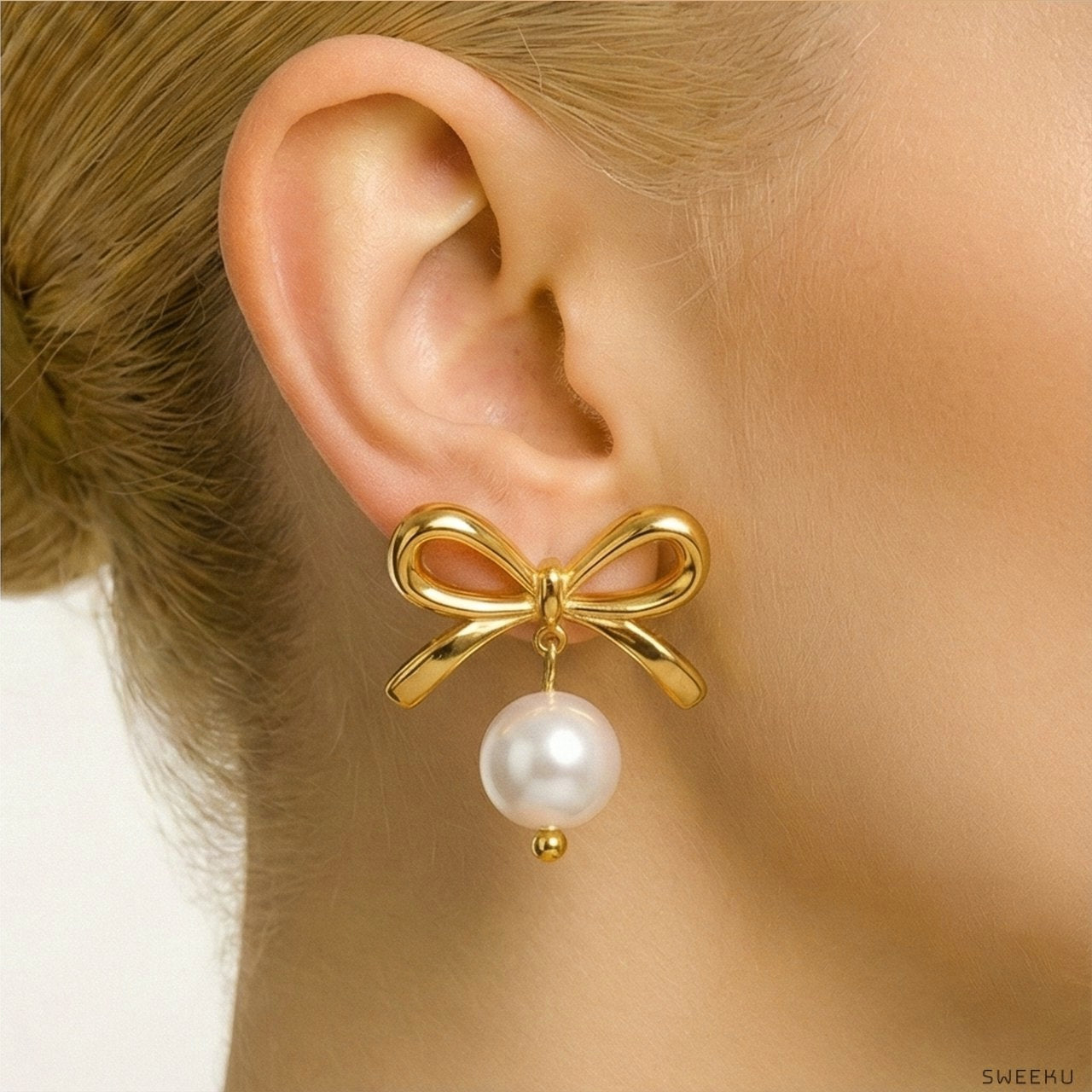 Charming Bow & Pearl Drop Gold Studs