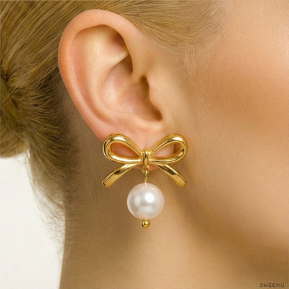 Charming Bow & Pearl Drop Gold Studs