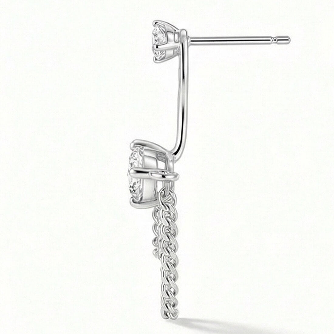 Silver Tassel Chain CZ Ear Jacket Stud Earrings