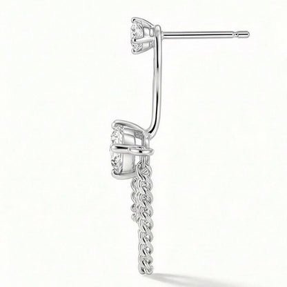 Silver Tassel Chain CZ Ear Jacket Stud Earrings