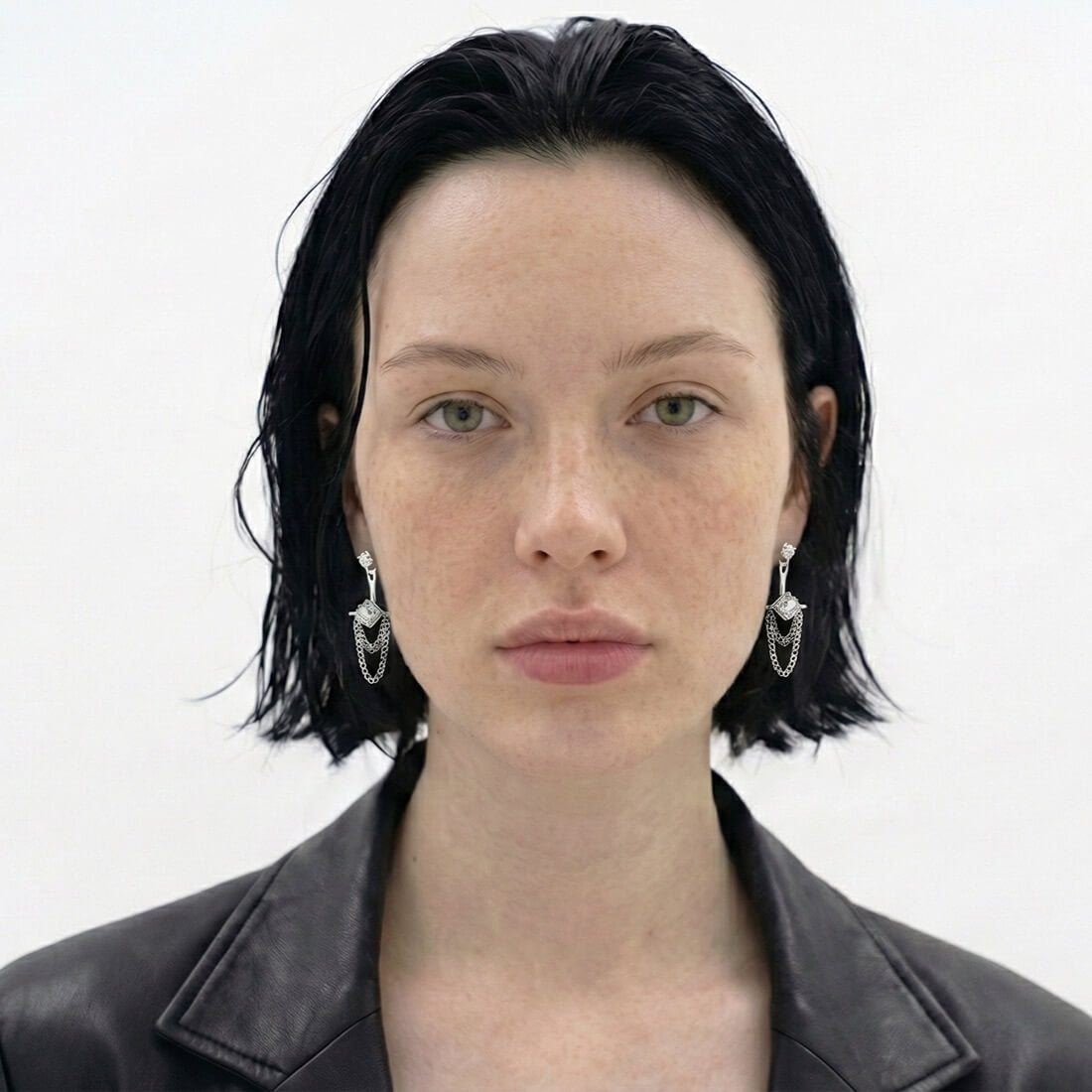 Silver Tassel Chain CZ Ear Jacket Stud Earrings