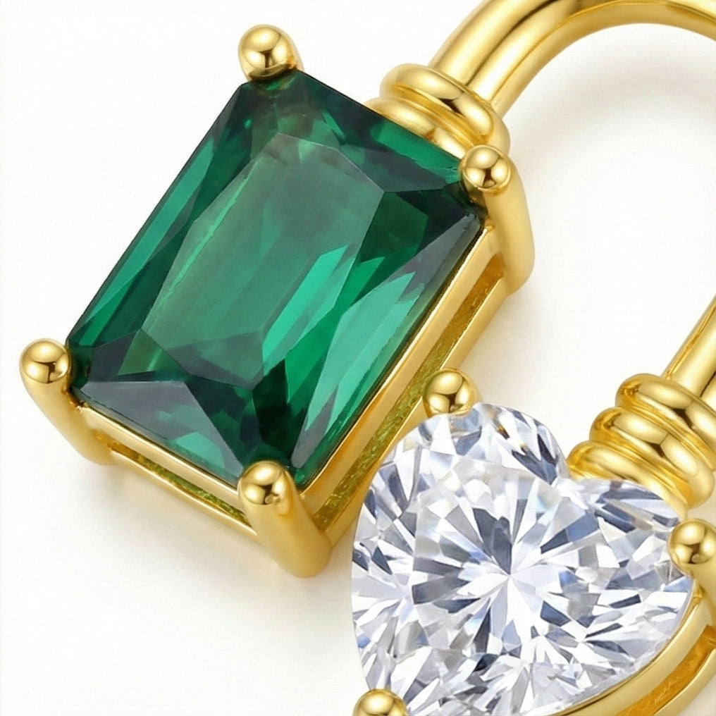 Heart Lock & Emerald Stud Earrings - Gemstone Love