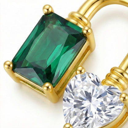 Heart Lock & Emerald Stud Earrings - Gemstone Love