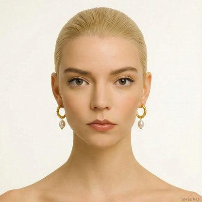 Twisted Rope Gold Pearl Drop Hoops