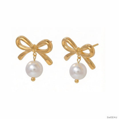 Charming Bow & Pearl Drop Gold Studs