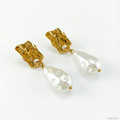 Organic Hammered & Baroque Pearl Drop Earrings
