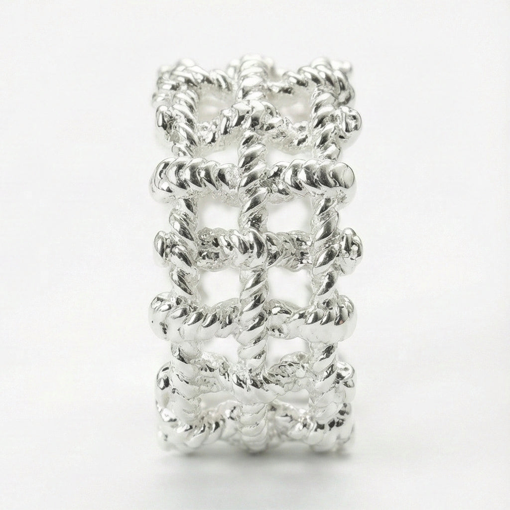 Woven Rope Cuff Adjustable Ring - Silver Statement