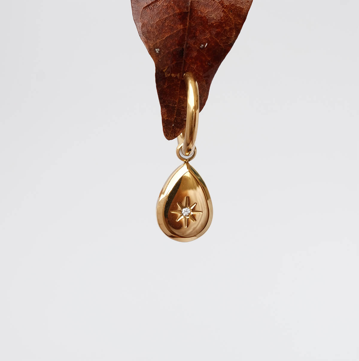 A gold teardrop-shaped pendant with a small starburst detail and a tiny clear gemstone, hanging from a brown dried leaf against a light gray background.
