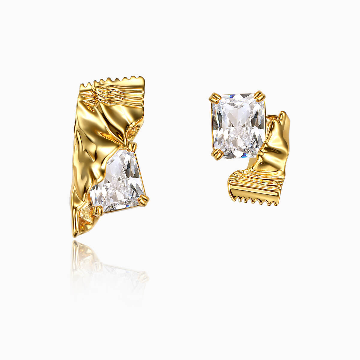 Asymmetrical Liquid Ribbon & Radiant CZ Solitaire Stud Earrings