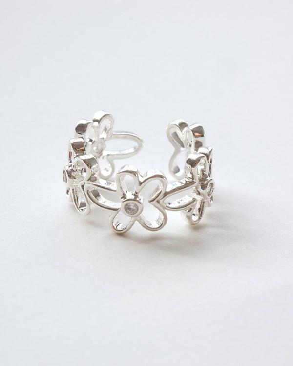 Dainty Flower Adjustable Ring - Crystal Accent & Open Band - SWEEKU